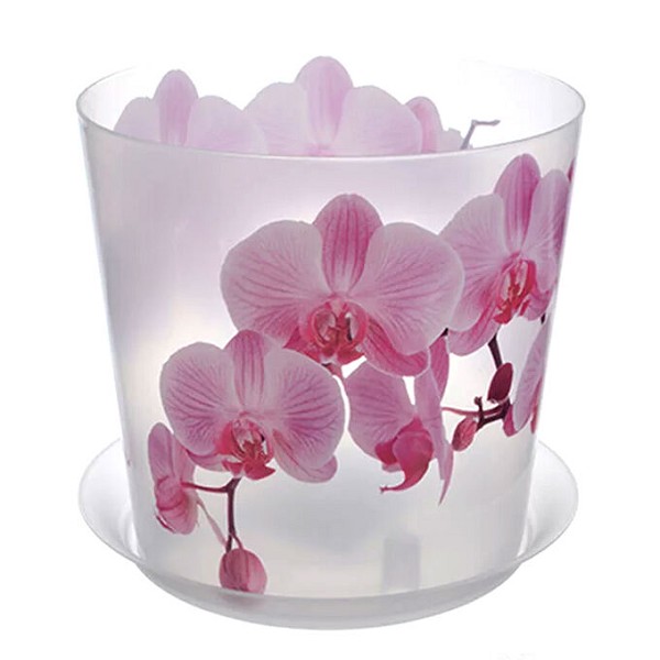 горшок цв.Деко. Орхидея. 1,2л (прозрачный матовый с рис.) d-125 h-120 с поддон./М-Пластика/48