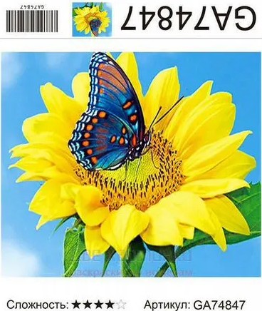 мозаика 40*50см Алмазная живопись (круглые стразы) Яркий подсолнух с бабочкой/Карт